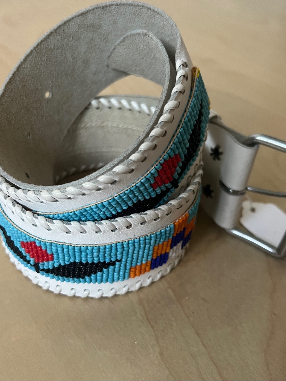 Vintage Beaded White Leather Belt with Turquoise & Multicolor Pattern